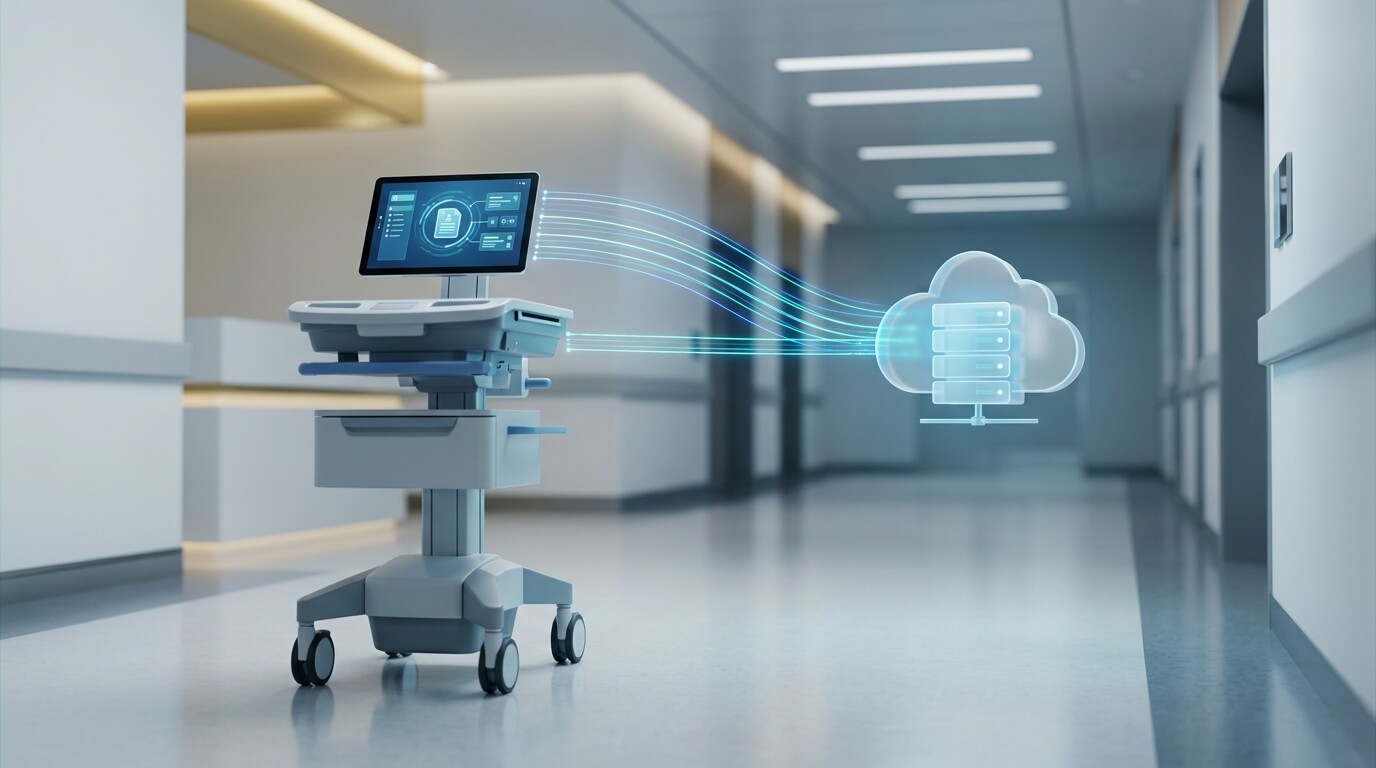 A sleek 3D render of a clinical healthcare environment, showing an autonomous medical cart equipped with an embedded Android tablet displaying a secure patient records interface, connected by glowing blue data lines to a central secure cloud server, symbolizing uninterrupted compliant data processing.
