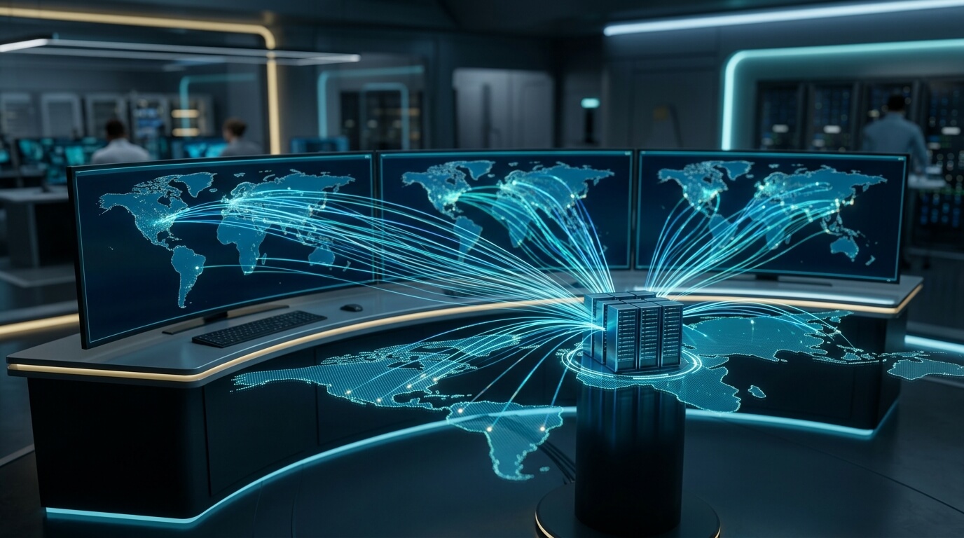 A detailed 3D render of a futuristic command center dashboard, showing a global map with data streams flowing into a central server rack, representing an IT administrator deploying rapid security patches across an international logistics fleet.