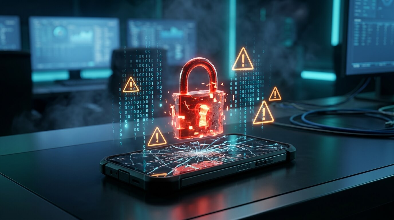 A sophisticated 3D render of a glowing red padlock hovering over a shattered smartphone screen, surrounded by binary code and warning triangles, illustrating a critical mobile browser vulnerability in a dark, high-tech cybersecurity operations center.
