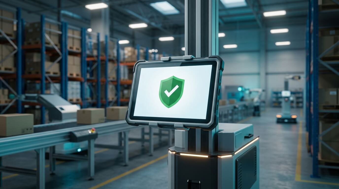 A sleek 3D render of an industrial warehouse environment where a ruggedized Android tablet displays a green checkmark shield, symbolizing successful zero-touch security compliance in a busy retail and logistics setting.