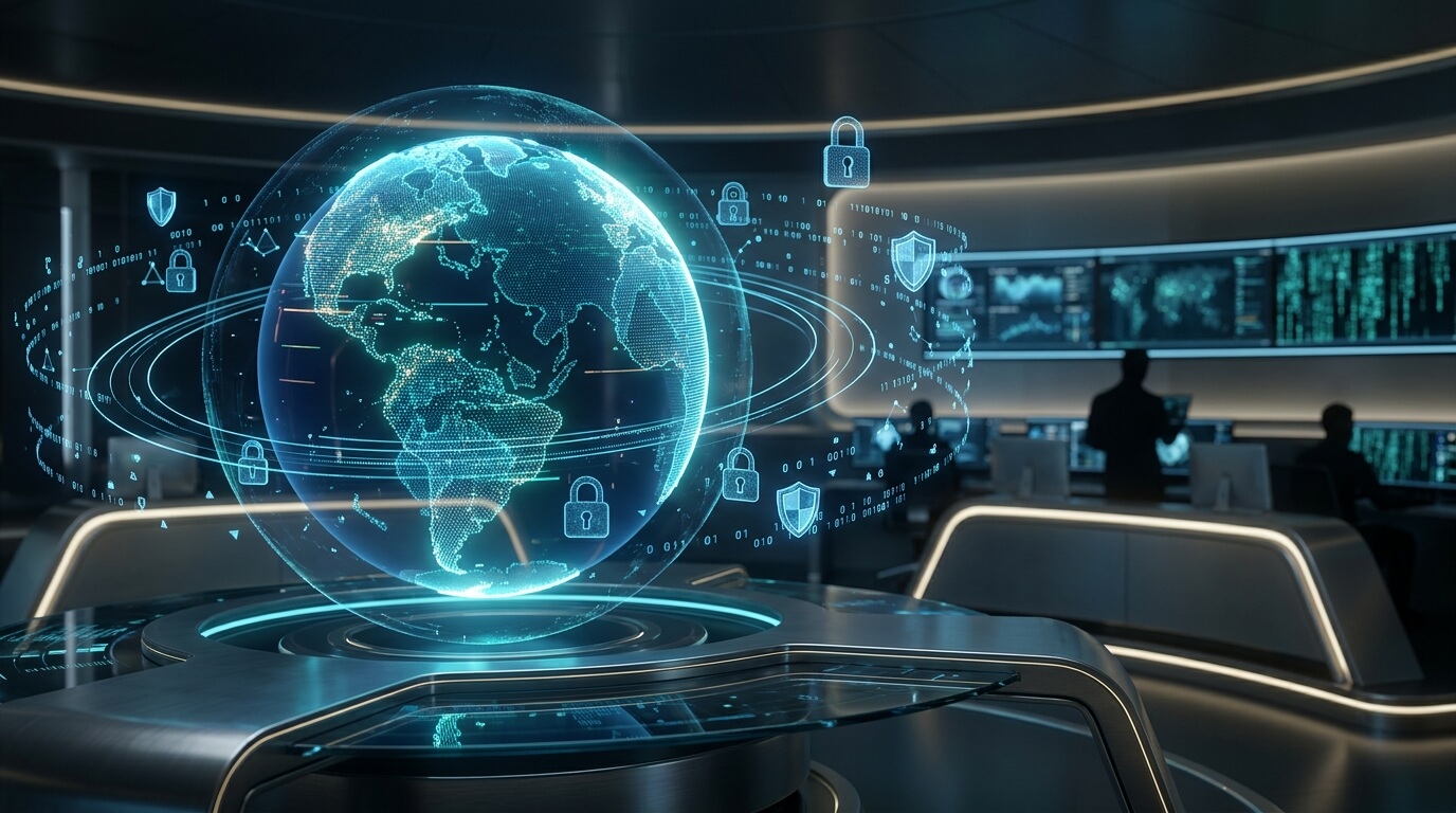 A sophisticated 3D render of a futuristic command center focusing on a glowing holographic globe, surrounded by floating data streams and secure padlock icons, representing global mobile fleet security and regulatory oversight. Cool blue and silver lighting, highly detailed, no text.