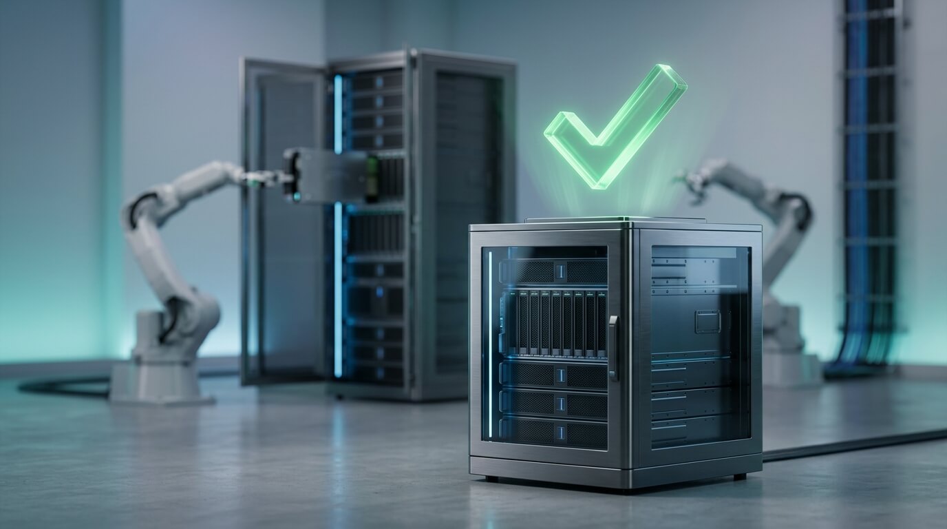A close-up 3D render of a sleek, metallic server rack with a glowing green verification checkmark hologram hovering above it. In the background, out-of-focus robotic arms are seamlessly inserting new data blades, illustrating automated patch deployment and infrastructure compliance. High-tech, cinematic lighting, no text.