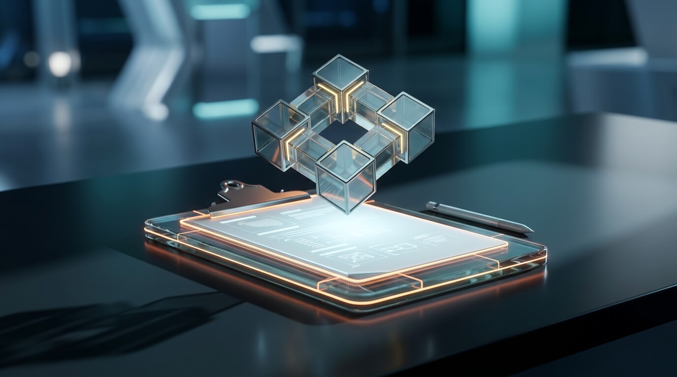 A 3D render of a stylized, futuristic clipboard made of translucent glass and glowing neon orange accents, resting on a sleek obsidian desk. Hovering above the clipboard are abstract geometric shapes locking together, symbolizing the completion of a strict compliance checklist and enterprise security alignment. Professional, dramatic lighting, no text.