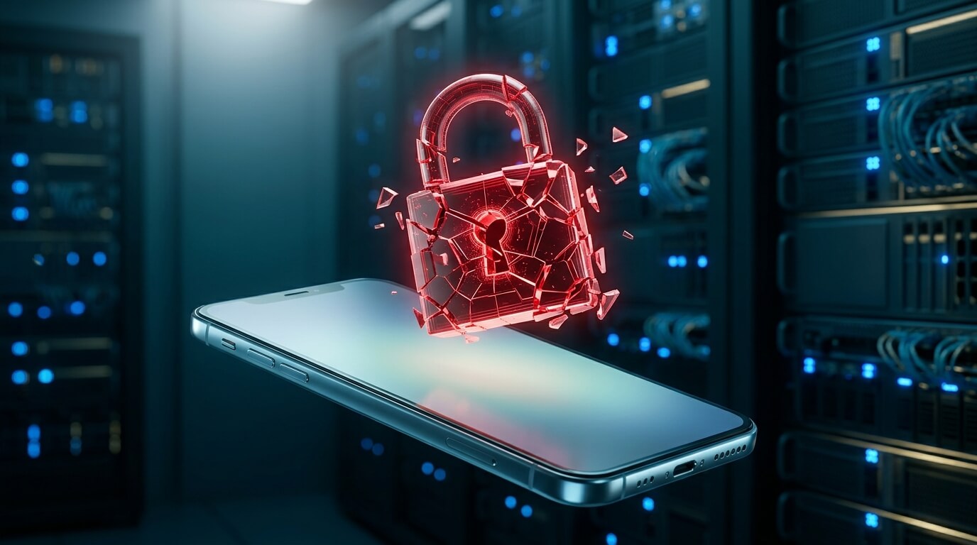 A sophisticated 3D render of a glowing red digital padlock shattering into fragments over a sleek, modern smartphone screen, set against a dark server room background with blurred blue status lights, illustrating a critical security breach.