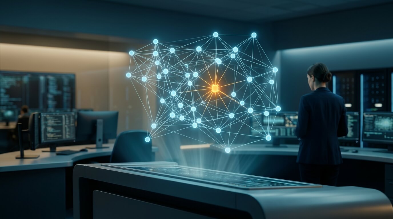 A high-quality 3D render from a low angle showing an IT security operations center, focusing on a transparent holographic display projecting an intricate, interconnected web of mobile devices with a single node flashing in warning amber, representing fleet vulnerability monitoring.