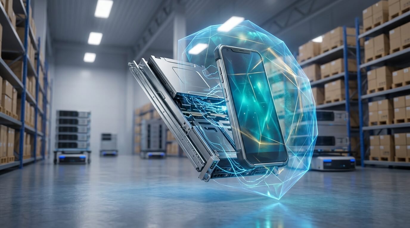 A sophisticated 3D render of a sleek metallic server blade transforming seamlessly into a secure smartphone, surrounded by a glowing blue protective energy shield, set against a bright, sterile corporate logistics warehouse environment.