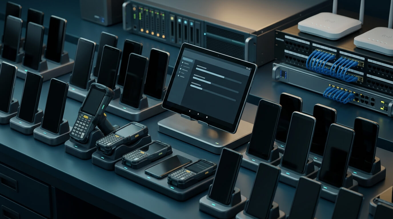 A sophisticated 3D render of an enterprise IT staging bench featuring neatly aligned Android enterprise smartphones, rugged barcode terminals, and tablets resting in charging docks, illuminated by subtle blue LED status indicators with high-precision networking hardware in the background, isometric studio lighting, no text