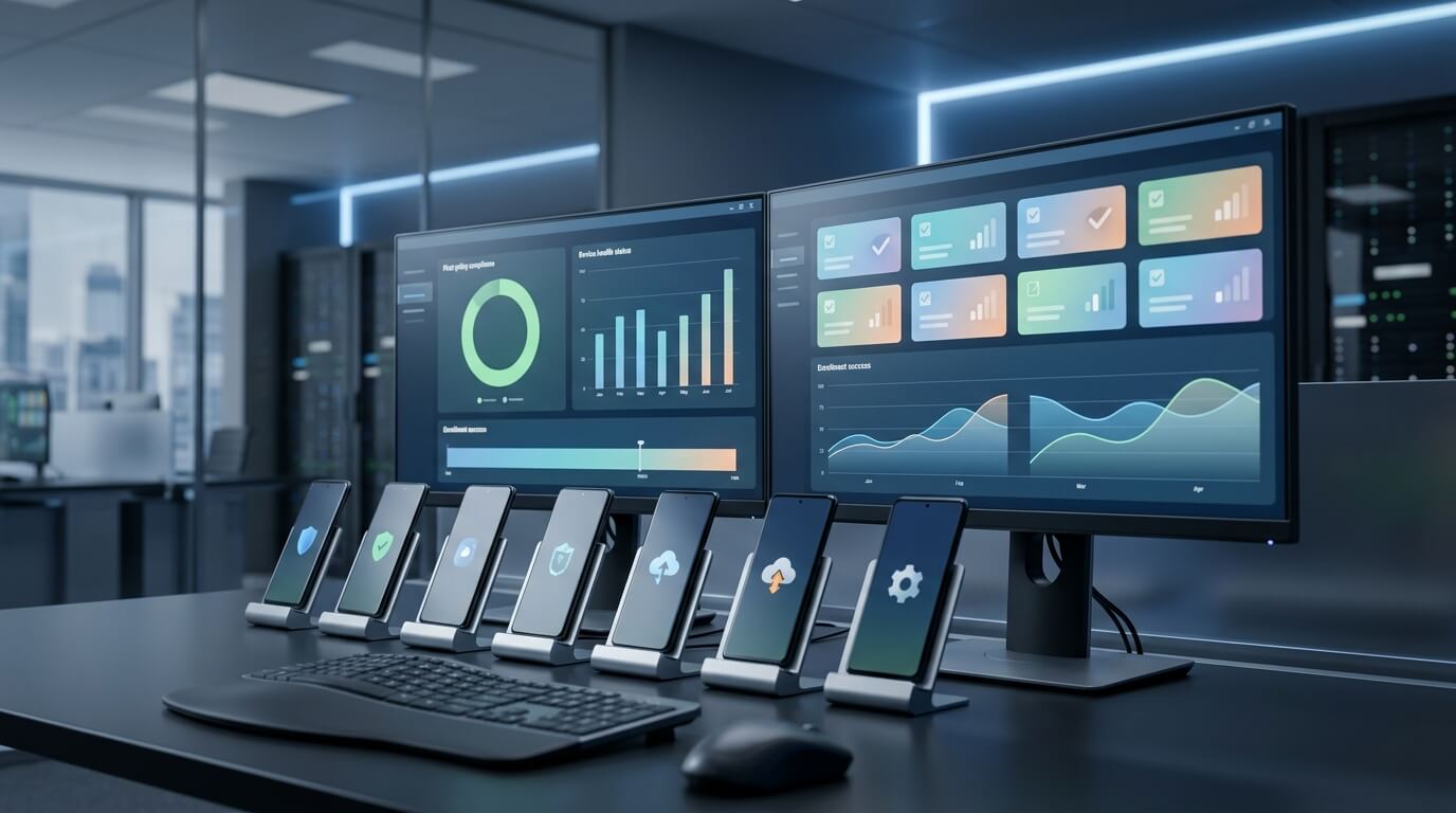 A clean, photorealistic 3D render of an enterprise mobility operations desk with dual diagnostic monitors showing fleet policy compliance graphs, device health indicators, and an aligned row of provisioned Android hardware in clean aluminum holders, ambient modern office lighting, no text
