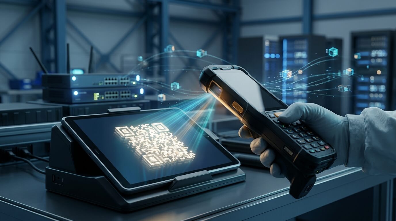 A detailed 3D render showing an industrial rugged mobile computer scanning an illuminated digital enrollment token displayed on a secondary tablet, surrounded by clean network packet data streams and staging dock infrastructure, cinematic perspective, no text