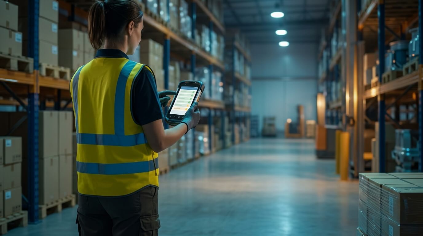 A photorealistic 3D render of a warehouse aisle at dusk under high-bay lighting. A frontline worker in a high-visibility vest stands beside a pallet and holds a rugged Android handheld scanner. The screen shows a vertical list of status rows with green and amber indicators. The camera is at shoulder height behind the worker. Shelving racks recede into soft focus. Muted industrial palette, no readable text.