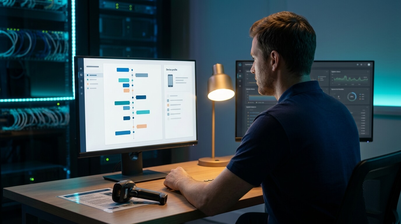 A photorealistic 3D render of a small IT operations room with two monitors on a clean desk. A helpdesk lead sits angled toward a monitor that shows an abstract vertical timeline of colored event markers next to a device profile panel. A printed laminated card and a rugged scanner rest on the desk. Over-the-shoulder camera angle, cool ambient light with a warm desk lamp. No readable text on any screen.