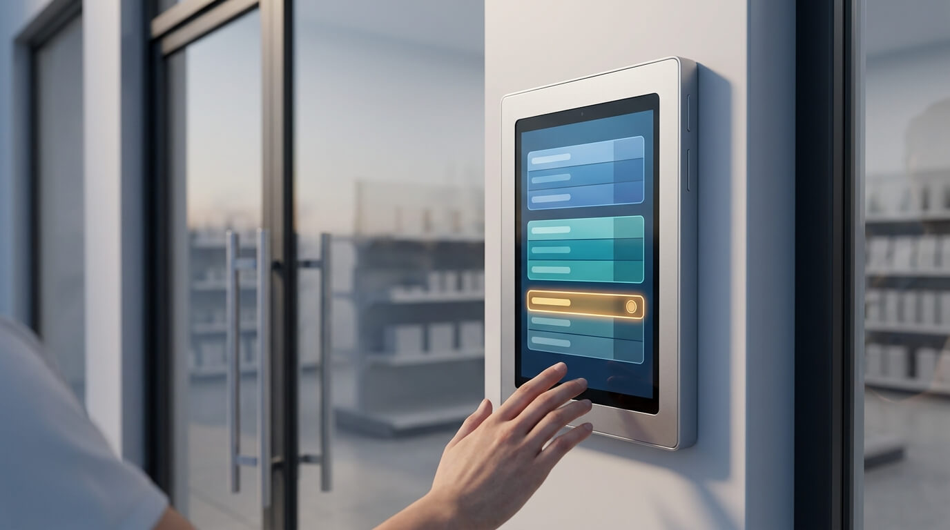 A photorealistic 3D render of a retail store entrance in soft morning light. A wall-mounted Android kiosk tablet sits in a slim metal enclosure. A store associate's hand reaches toward the screen, which shows three stacked groups of status rows. One row glows amber with a button beside it. The camera is at a low three-quarter angle looking up at the kiosk. Blurred shelving and glass doors in the background. No readable text.