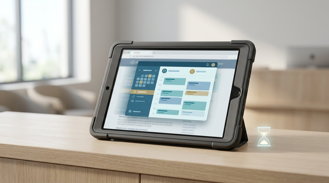 A 3D render close-up of a clinic reception desk tablet in a rubberised case, shot at eye level from the patient side with shallow depth of field. The screen shows an abstract scheduling app returning to full screen in a soft motion trail over a faded browser window behind it. A small hourglass-shaped light motif floats subtly beside the device to suggest a timed interval. Calm daylight from a side window, pale wood desk, no readable text.