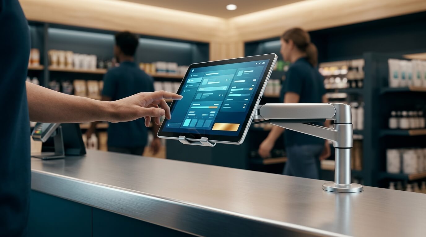 A 3D render of a retail service counter at the start of a shift, viewed from a low three-quarter angle behind the counter. A wall-mounted Android tablet on a swivel arm shows an abstract order-entry interface in the foreground. A second worker's hand reaches for it while another worker walks away in soft focus. Warm overhead lighting, brushed aluminium counter edge, neutral background shelving, no text on any screen.