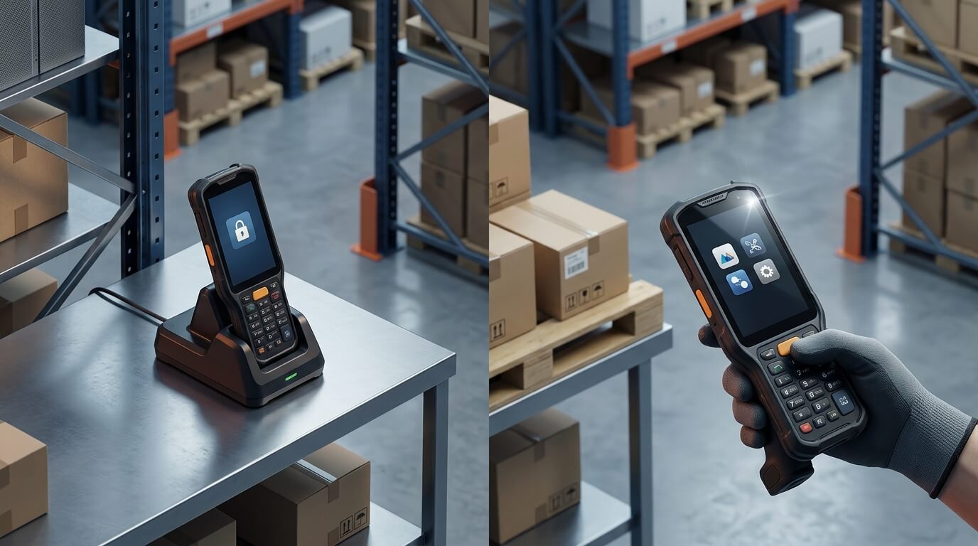 A 3D render split into two adjacent workstations in the same warehouse aisle, seen from an elevated isometric angle. On the left, a rugged handheld scanner rests in a charging cradle showing a single locked app tile. On the right, an identical scanner in a worker's gloved hand shows a small grid of four abstract app icons, with a pallet and parcel camera shot implied by a lens glint. Cool industrial lighting, steel racking, concrete floor, no text or logos.