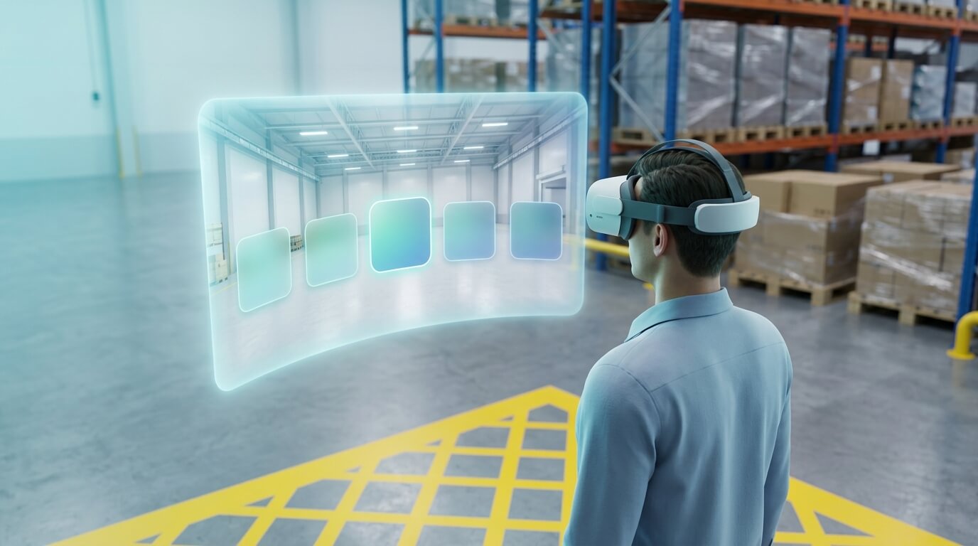 A photorealistic 3D render from over the shoulder of a trainee wearing an enterprise VR headset in a bright warehouse training bay. A soft translucent visualisation floats in front of them, showing a panoramic virtual environment of a clean industrial hall with a few rounded app tiles arranged in an arc. The real background shows pallet racking and a yellow-marked safety area. The lighting is cool and even. No text, labels or logos appear on the tiles.