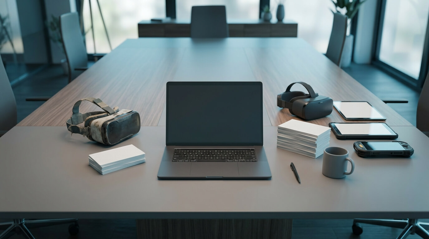 A photorealistic 3D render shot from directly above a meeting table in a modern office. Two stacks of index cards sit on either side of a closed laptop. Beside the left stack is a single aged VR headset with a worn strap. Beside the right stack, a newer enterprise VR headset sits next to an Android tablet and a rugged Android handheld. A ceramic coffee cup and a pen complete the scene. Neutral grey and warm wood tones, soft shadows, no visible text or logos.