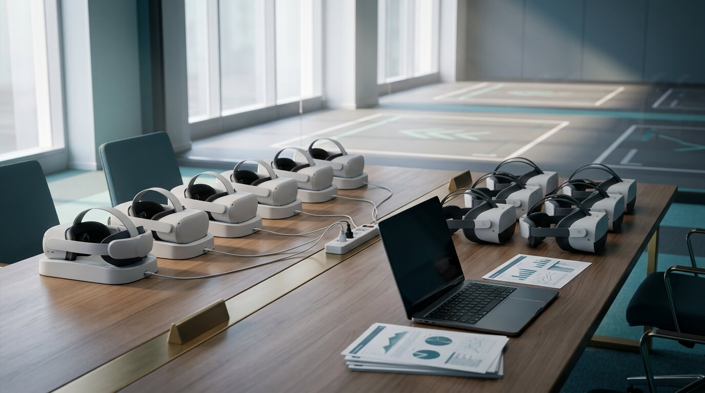A photorealistic 3D render of a corporate training room seen from a low three-quarter angle. On a long wooden table, a row of older white standalone VR headsets sits in neat charging docks on the left. On the right, a smaller group of newer, differently shaped enterprise VR headsets sits beside a laptop and a printed planning sheet with no readable text. Soft daylight comes from tall windows, and an empty training floor with marked play areas is visible in the background. The scene suggests a calm, planned transition rather than urgency.