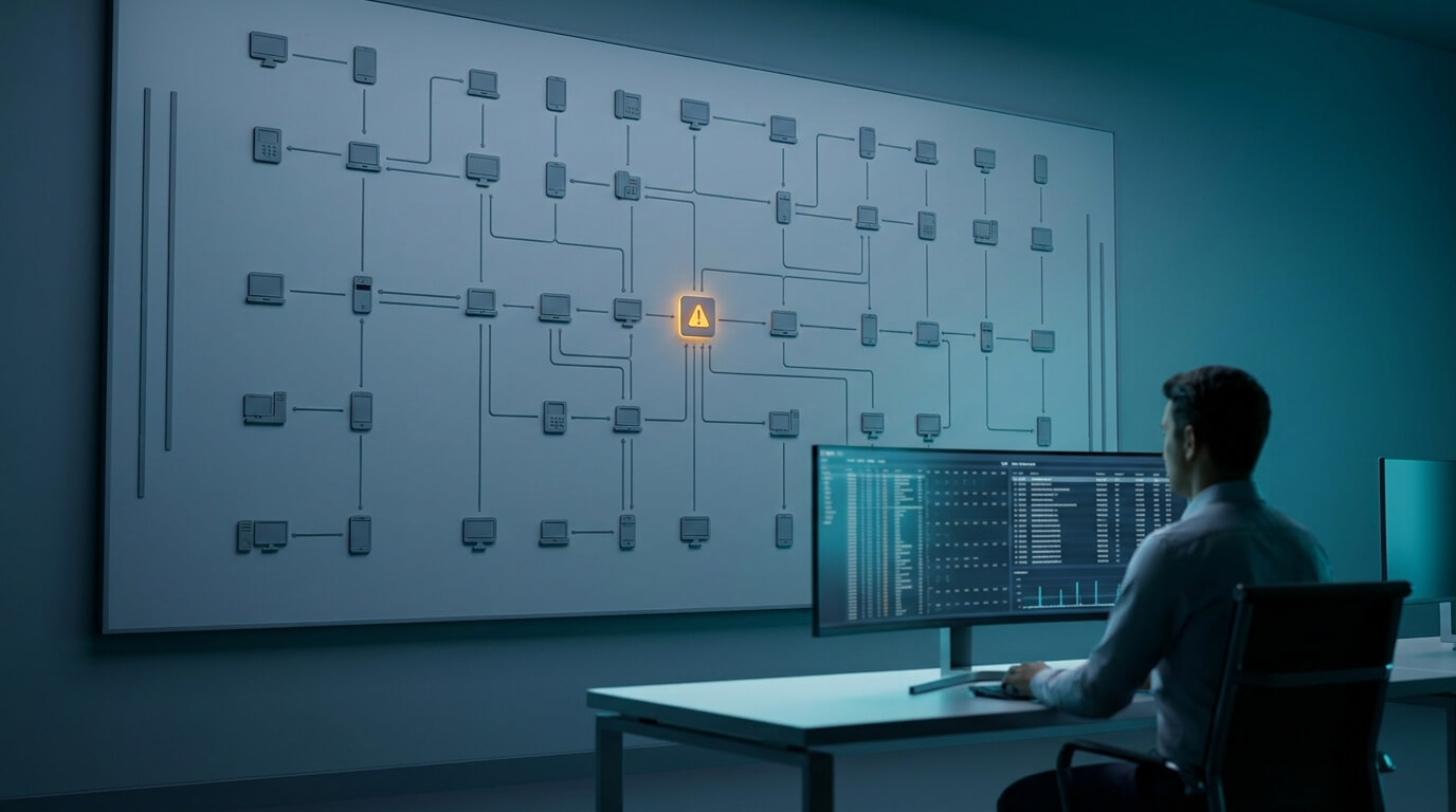 A detailed 3D rendering of an enterprise operations control center. In the midground, a large wall-mounted data visualization array displays a clean, abstract grid of interconnected device nodes, rendered in slate gray with clear connection pathways. A single node pulses with an amber warning marker, showing an isolated divergence alert. In the foreground, an IT security architect sits at a clean, minimalist workstation, viewing high-density telemetry data on an ultra-wide monitor, illuminated by soft atmospheric ambient studio lighting.