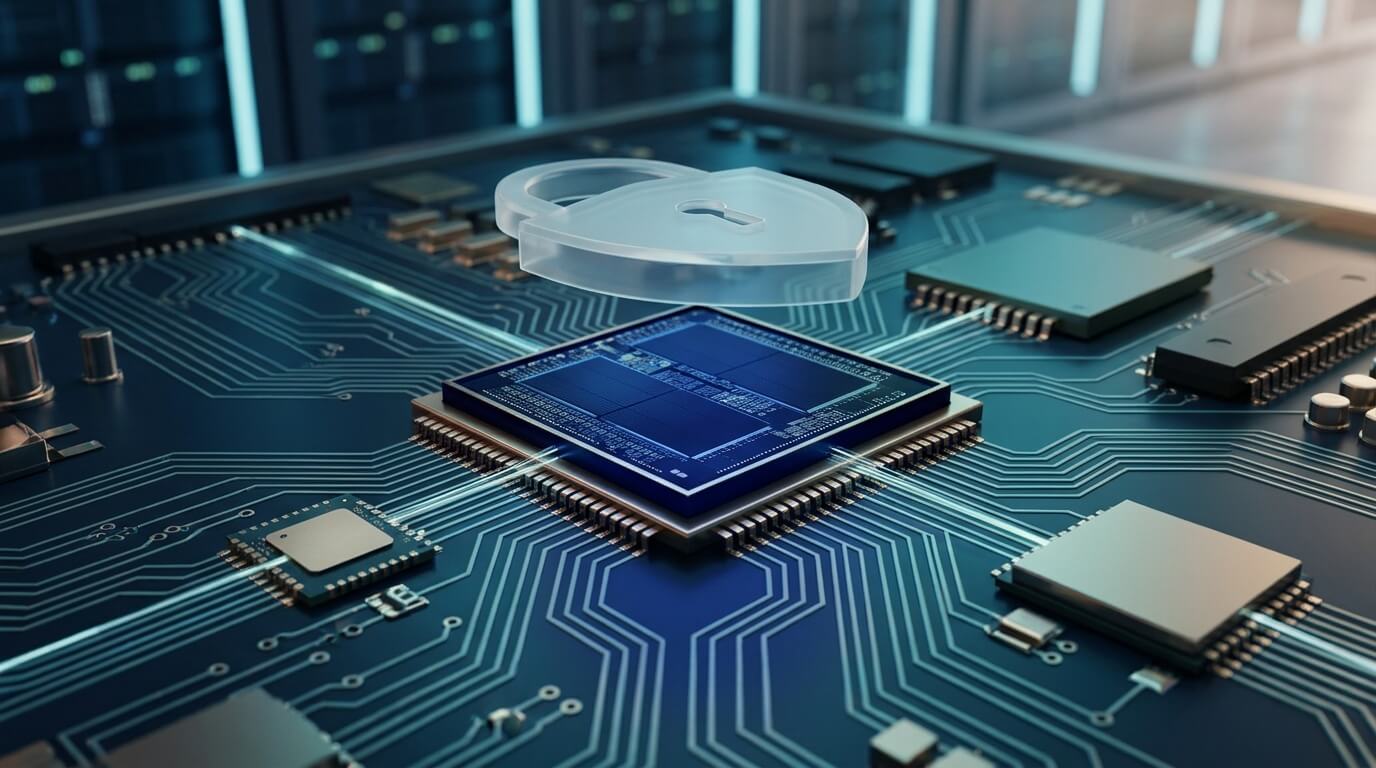 A high-angle 3D macro render focusing on an exposed internal silicon security chip on a circuit board, glowing with deep navy-blue light. Subtle optical fiber pathways run from the chip outward across the motherboard traces, converging onto an embedded eSIM and secure storage module. A clean, semi-transparent cryptographic lock shield hovers above the silicon die, illustrating a hardware-enforced root of trust isolated from physical and software manipulation. Photorealistic depth of field with ambient server-rack lighting in the background.