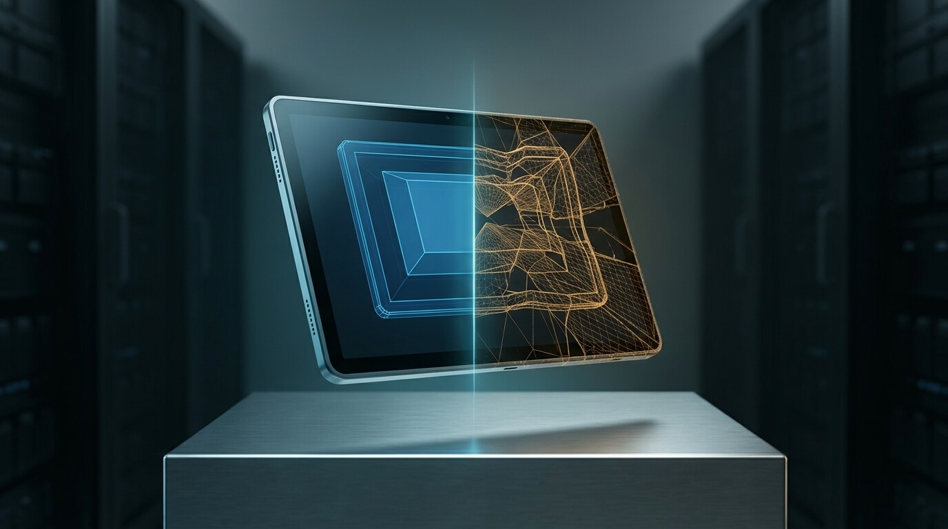 A sophisticated 3D render set within an austere, dark enterprise server vault. In the center, an industrial-grade enterprise Android tablet hovers angled slightly toward the camera, suspended over a reflective brushed-steel plinth. A dual-sided holographic projection bisects the tablet: on the left side, clean structural blue geometry represents verified cryptographic zero-touch provisioning; on the right side, a distorted, fractured amber wireframe depicts an unverified software-level management hijack. Sharp directional rim lighting emphasizes the tablet's machined aluminum chassis with zero text or interface elements.