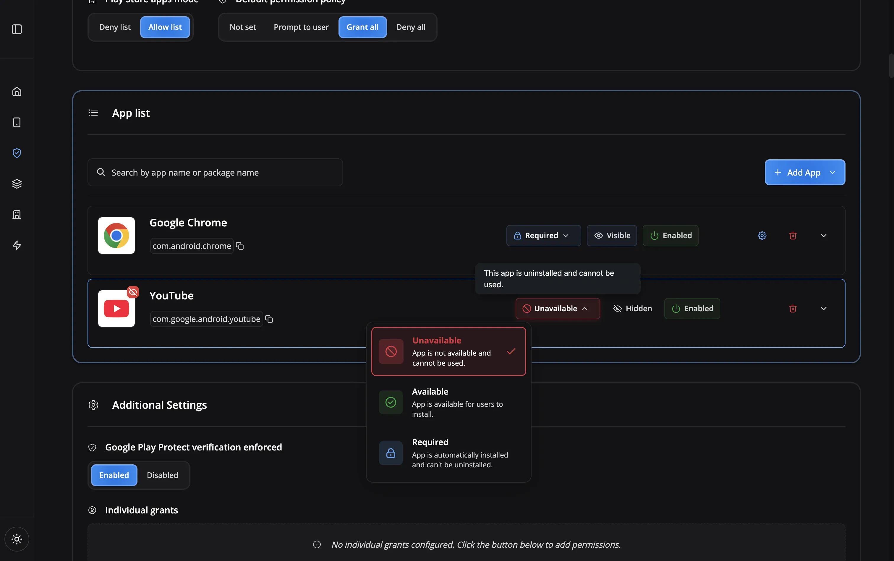 Lista de Apps Permitidos e Bloqueio
